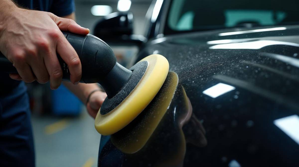 Alumno practicando pulido profesional con pulidora rotativa en curso de detailing