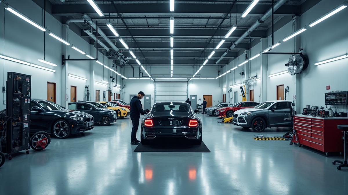 Centro de detailing profesional con vehículo de alta gama siendo tratado - Negocio rentable